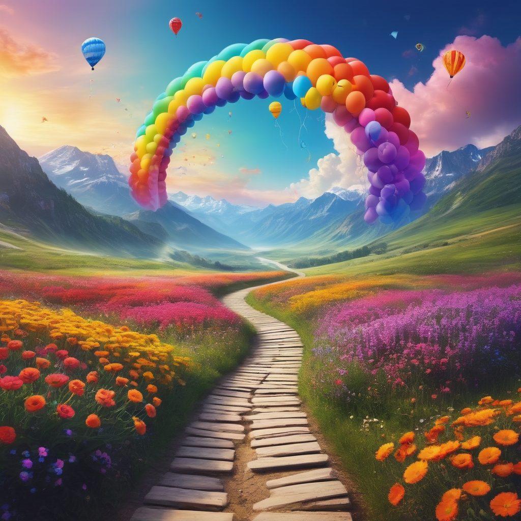 A vibrant landscape featuring a winding path that symbolizes a journey, lined with colorful flowers and joyful people exploring various joyful websites on their digital devices. The sky is bright and sunny, radiating a sense of optimism and adventure. Iconic symbols of happiness, like smiley faces and balloons, float in the air. Include elements like a rainbow arching over the path. surreal art. vibrant colors. dreamy background.