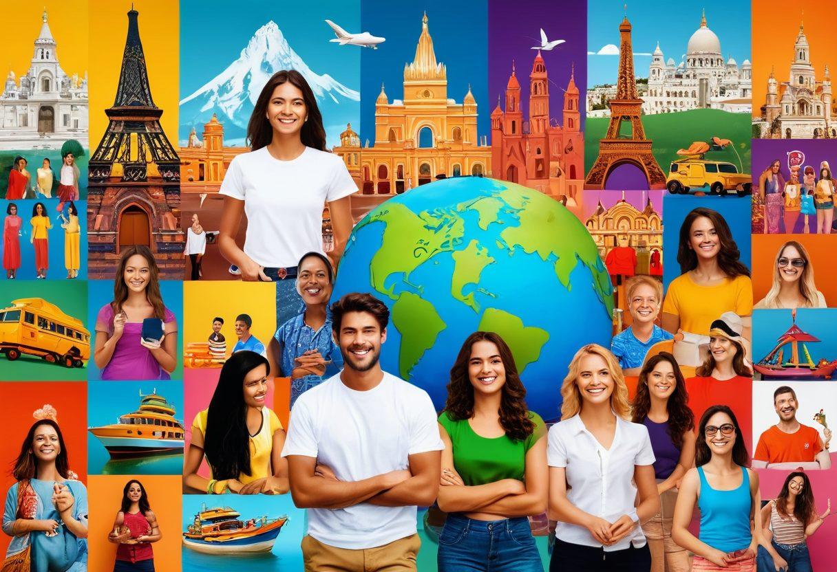 A vibrant collage showcasing diverse people from around the world engaging in joyful activities, representing various global platforms like online marketplaces, social media, and travel sites. The characters should display a range of emotions from bliss to satisfaction, surrounded by symbols of fulfillment such as happy families, delicious food, and exciting destinations. The background should be a blend of iconic landmarks from different cultures, tied together with flowing lines symbolizing connection and discovery. colorful, dynamic, vibrant colors, 3D.